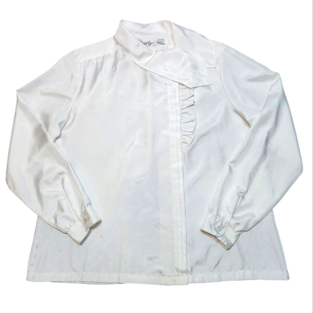 Vintage 70s Blouse Top Tie Neck Ruffle Long Sleeve White Satin Retro Regency 18